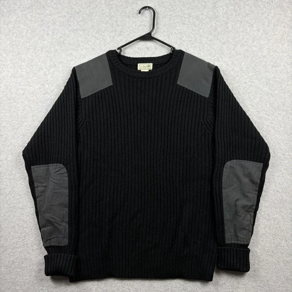 LL Bean Commando Sweater Mens Large Black Merino Lambswool Ribbed Crewneck Heavy